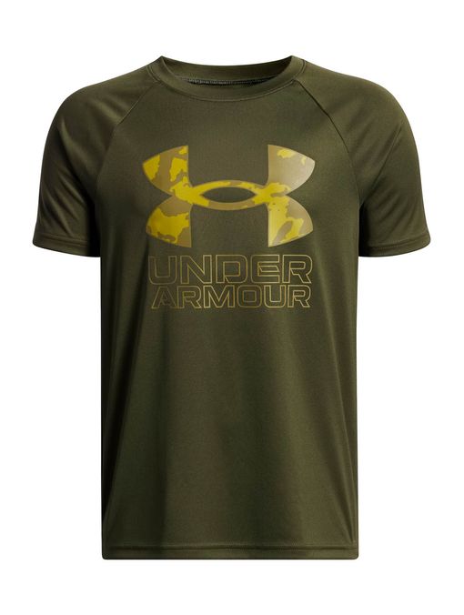 Polera manga corta de Entrenamiento para Niño Tech Hybrid print Verde Under Armour